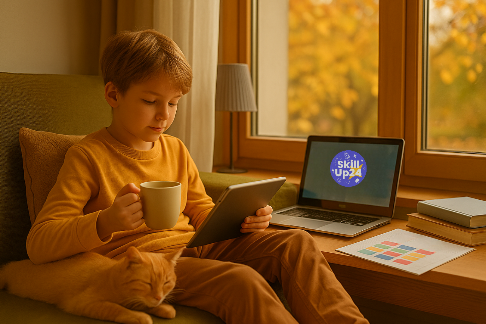 Ребёнок 8–12 лет отдыхает дома во время осенних каникул, сидит с книгой и кружкой какао, рядом аккуратно сложены учебники, за окном золотые листья и тёплый вечерний свет, уютная атмосфера отдыха