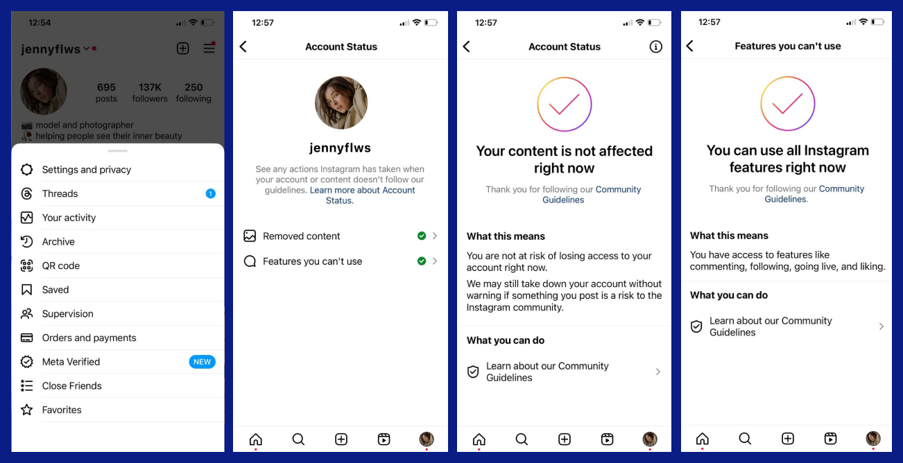 Screenshots show how to check the status of your Instagram account. The first screenshot shows the menu that opens if you click on the icon in the upper right corner on your Instagram page. The second screenshot shows the