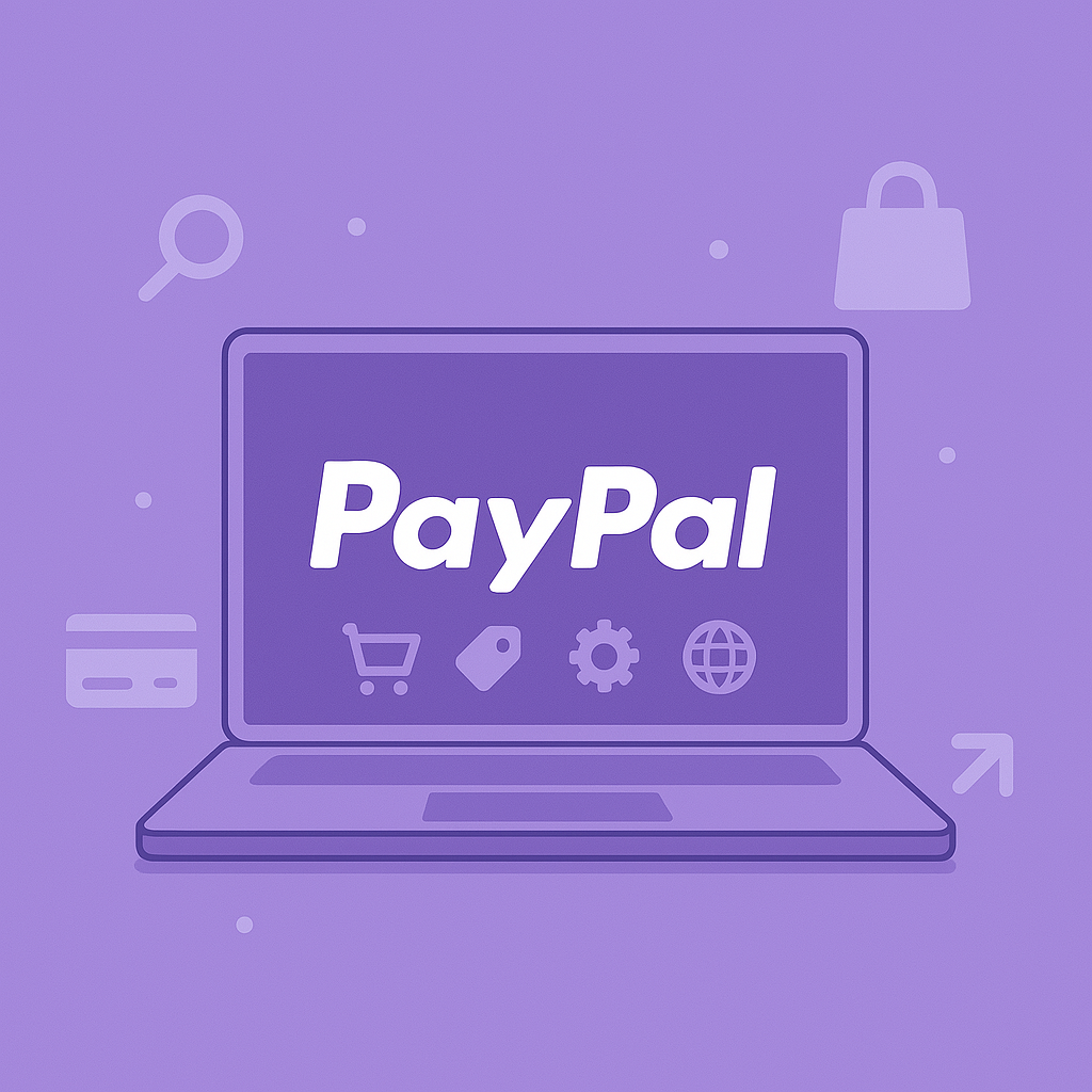 A minimalist purple-themed digital illustration of a laptop displaying the PayPal logo on screen, surrounded by simple financial icons such as a credit card, shopping cart, price tag, gear, and globe, representing e-commerce and online payments.