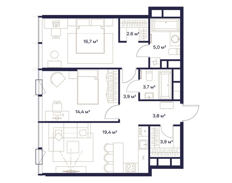 Планировка 2-комнатной квартиры 72,5 м² в ЖК «СОЮЗ»: дом 2, 21-й этаж