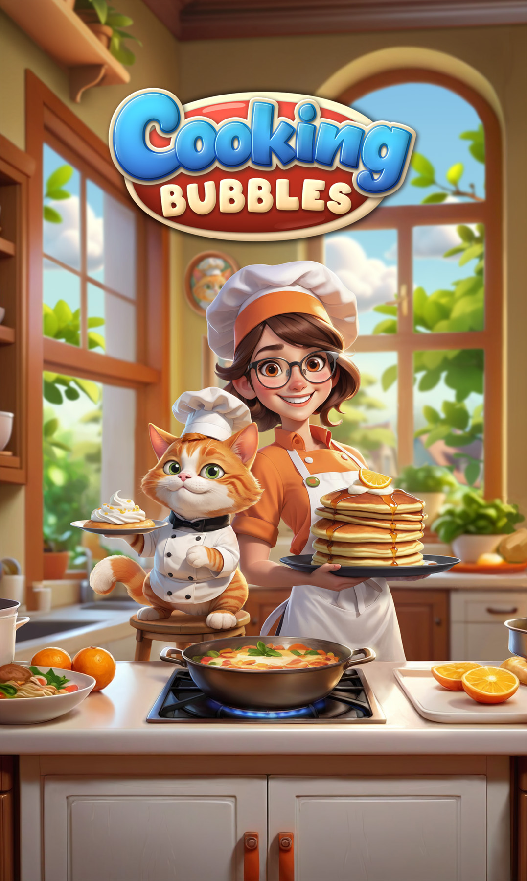 Cooking Bubbles — Splash Screen, ключевой арт с героиней и котом на кухне