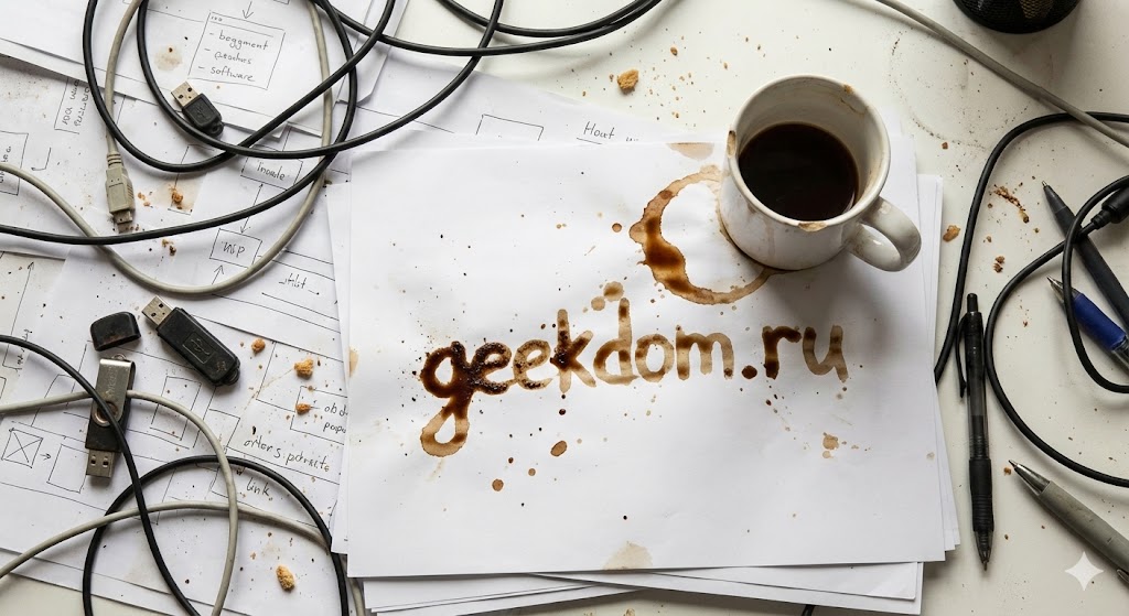 Рабочий стол IT-специалиста с кружкой кофе и проводами