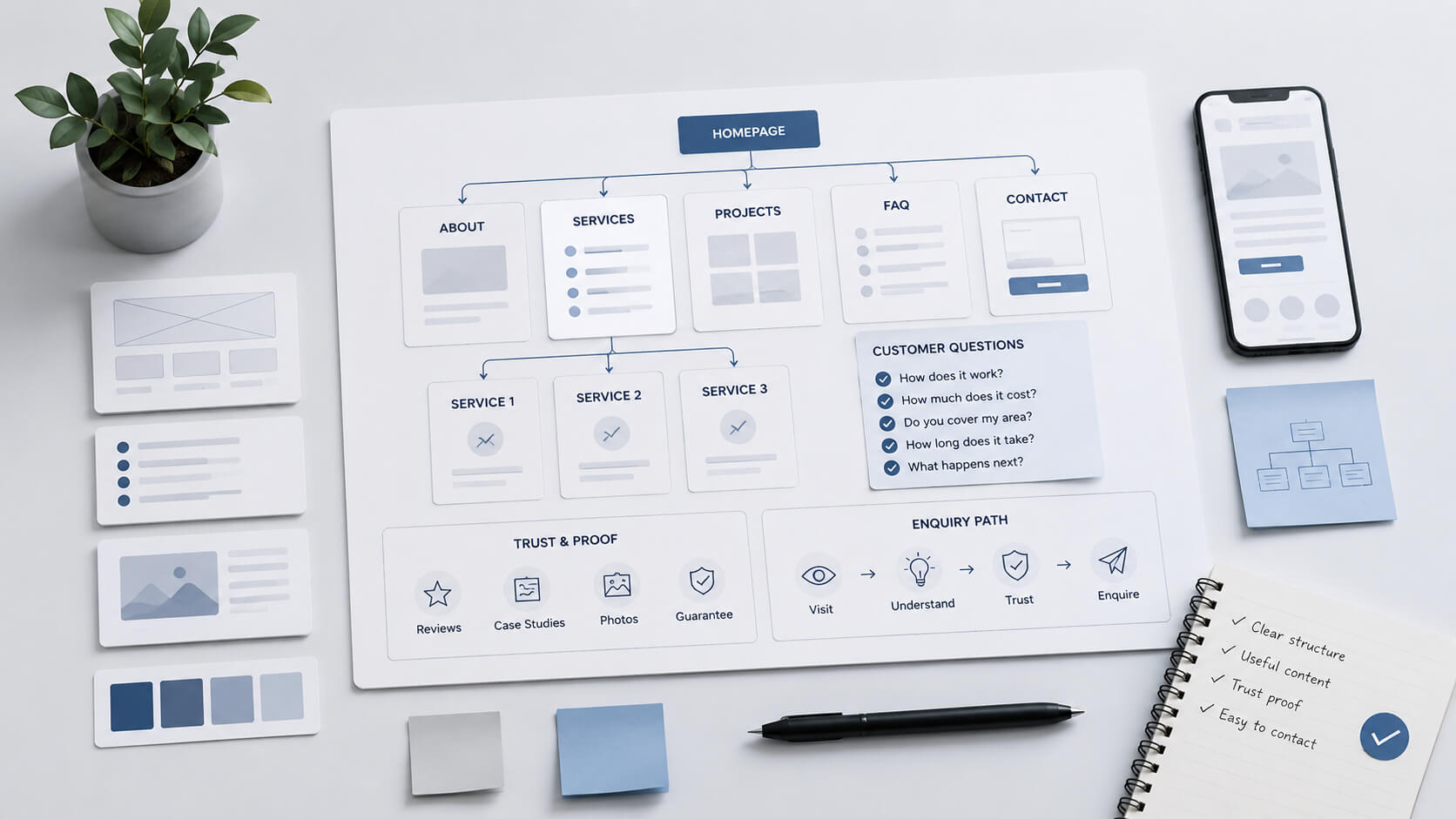 Website planning board showing page structure services customer questions trust proof and enquiry path before visual design starts.