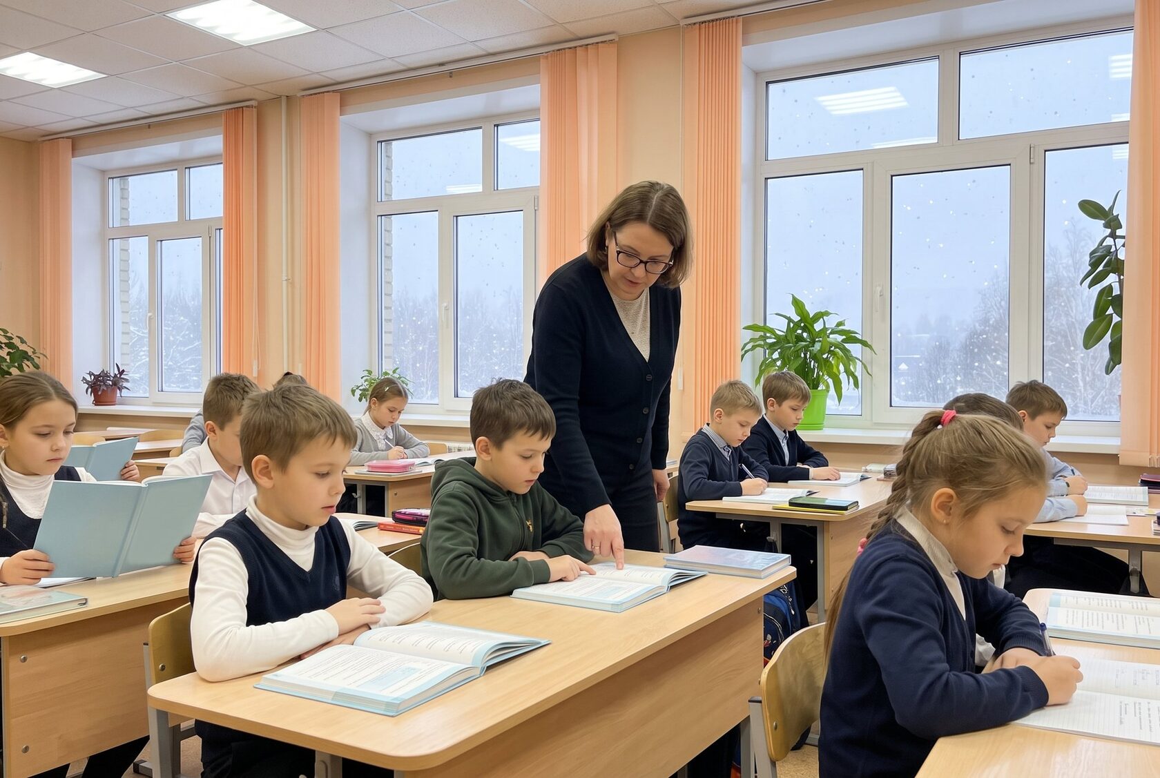 Учительница помогает третьекласснику на уроке английского в школе
