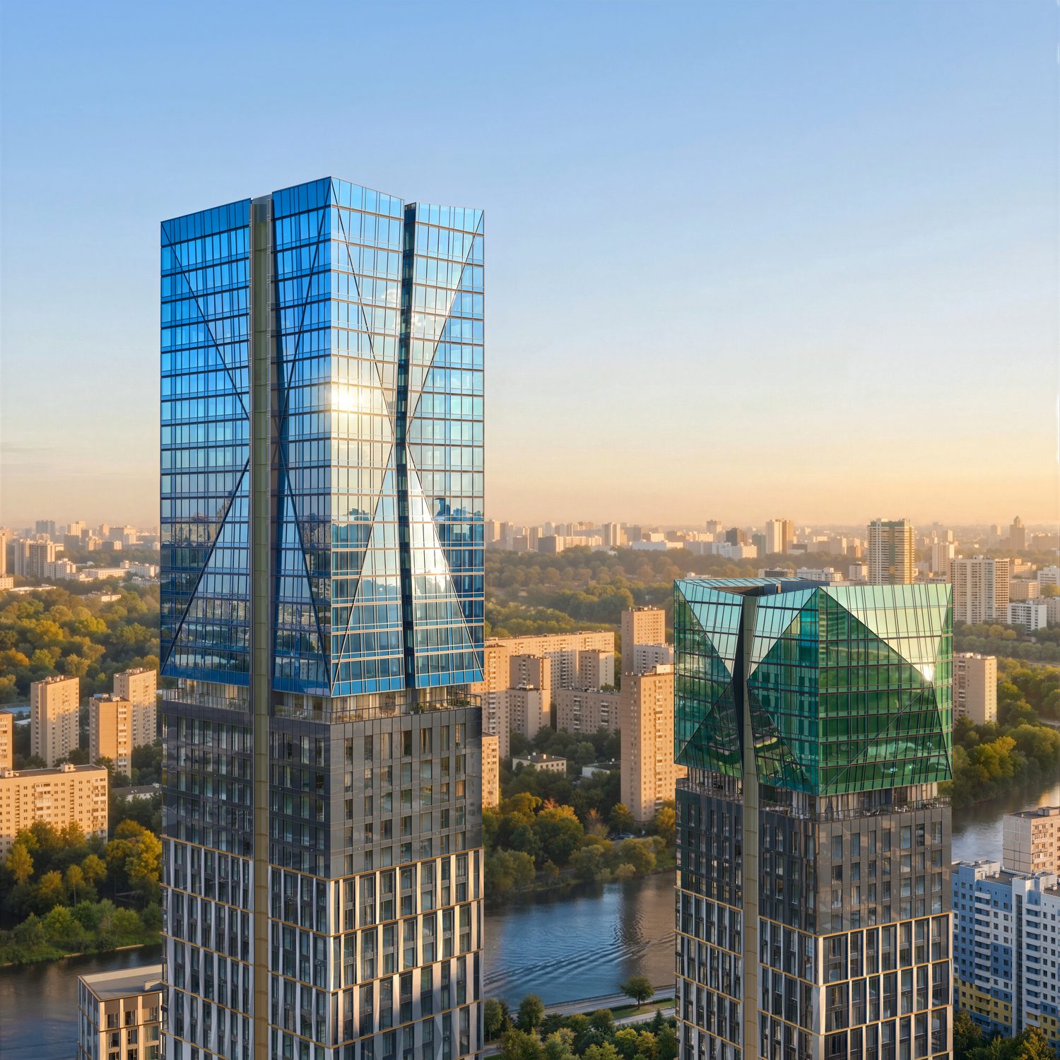 Верхние уровни башен ЖК «Сезар Силика» на закате над Москвой-рекой, визуализация