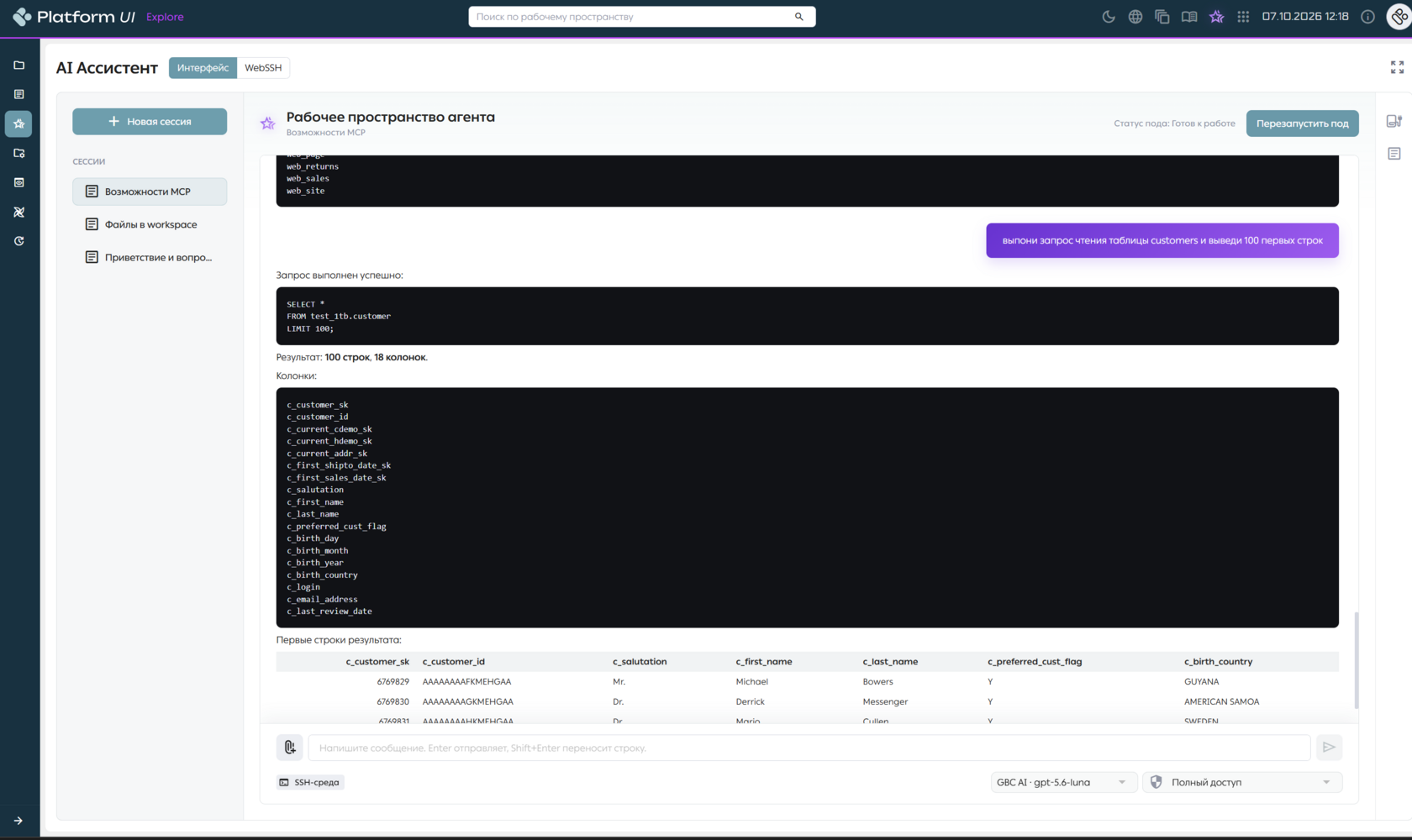 AI-ассистент Platform UI: SQL-запрос к таблице customer и первые строки результата