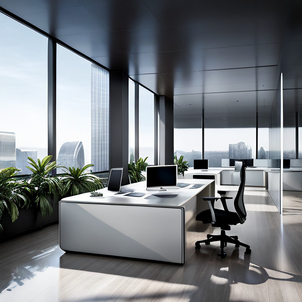 Graphic image of the modern office with panoramic windows.