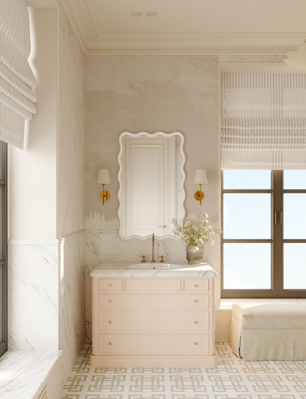 Санузел дочери с мозайкой Bisazza и обоями для влажных помещений в интерьере загородного дома дизайнера Екатерины Фёдоровой