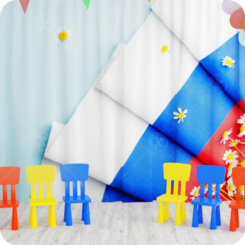 Праздничное оформление музыкального зала баннерами и занавесами с символикой РФ