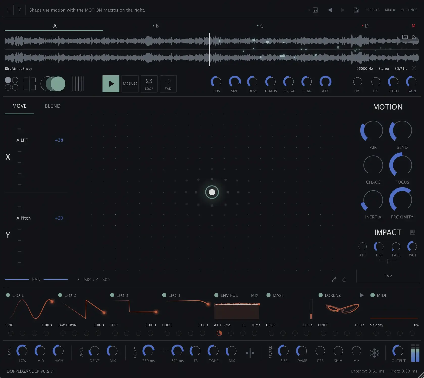 The Doppelganger plug-in interface: XY motion pad, four sample layers, modulator strip and bus effects