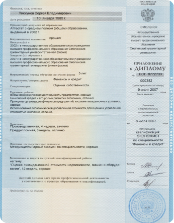 СГУ Смоленский Гуманитарный Университет Пискунов Сергей Владимирович Экономист финансы и кредит юрист