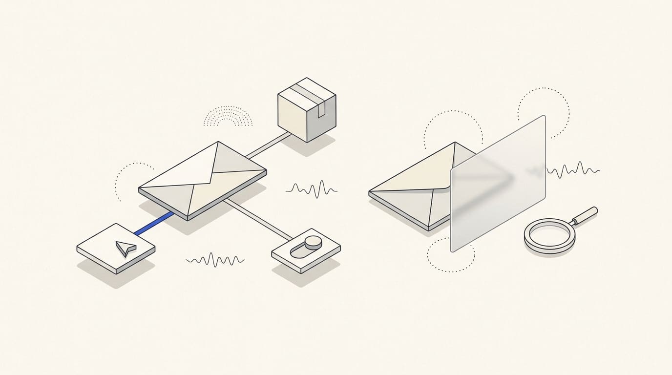 An email linked to a click, order and exit control, with a separate envelope behind a translucent screen.