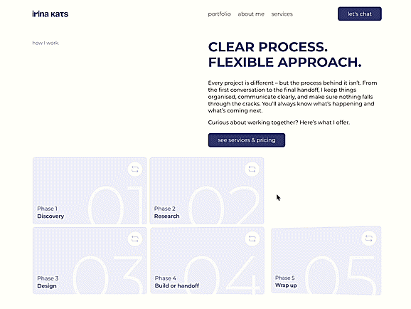 A gif showing a small interaction on portfolio website irikats.com – flipping cards triggered by hover..
