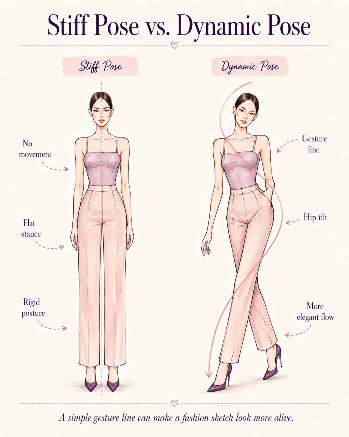 Stiff fashion pose compared with dynamic fashion pose using gesture line