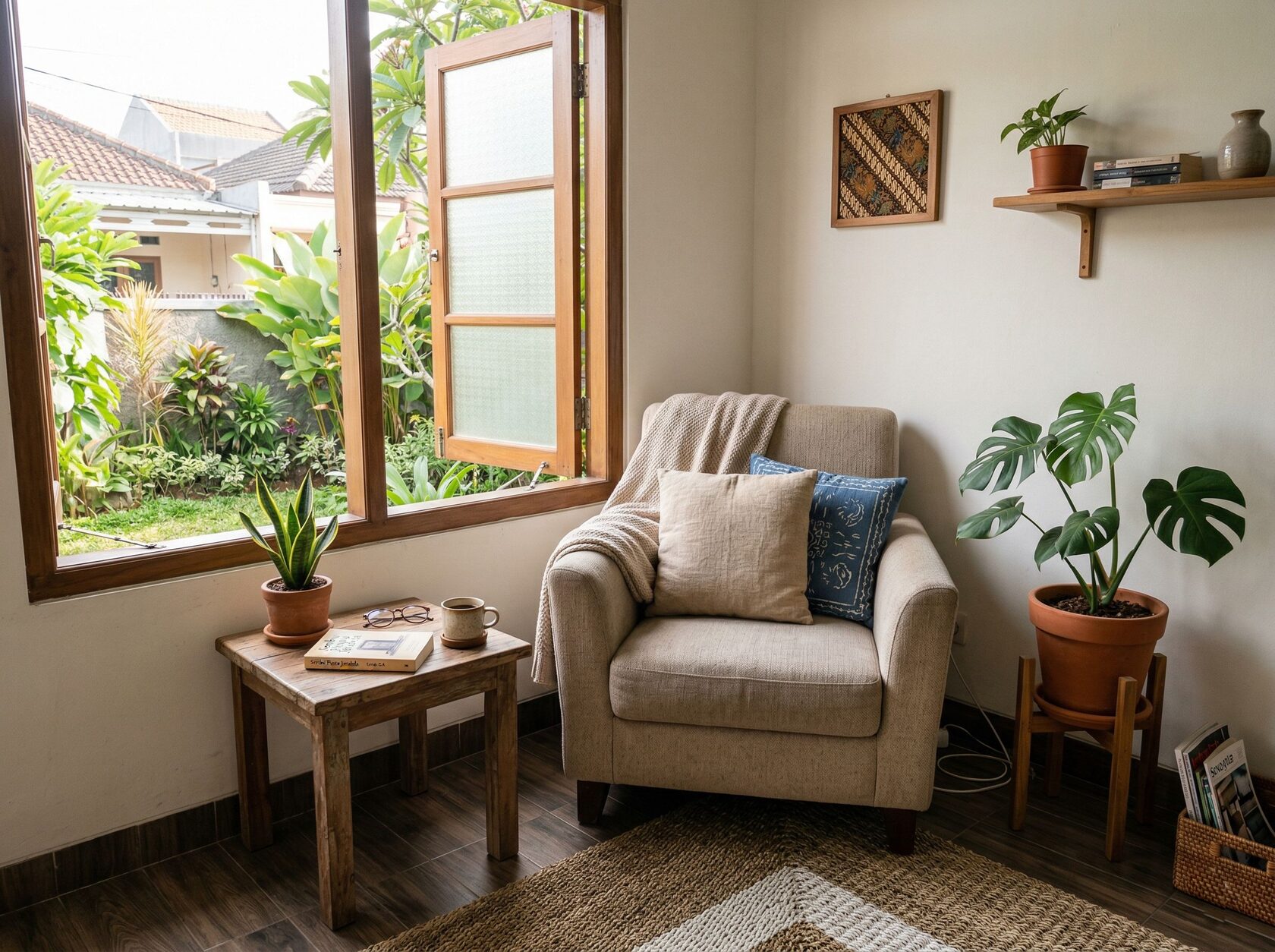 Sudut rumah nyaman tanpa renovasi mahal dengan kursi santai dan cahaya alami