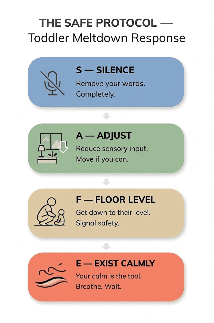 SAFE protocol infographic for calming a toddler meltdown — Silence, Adjust, Floor level, Exist calmly