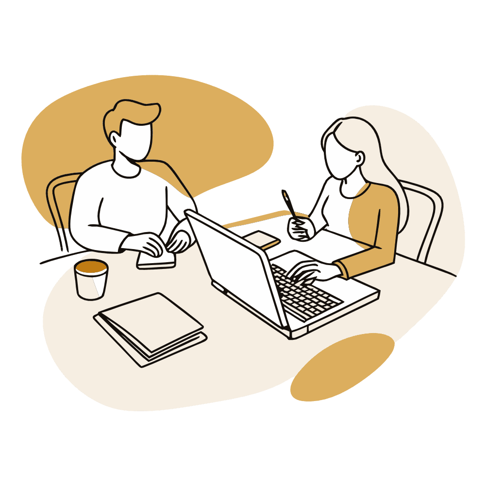 Минималистичная иллюстрация двух людей за круглым столом, один с смартфоном, другой с ноутбуком, с книгами и кофе, в современной продуктивной обстановке