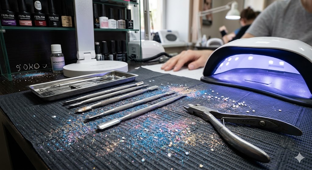 Рабочий стол мастера маникюра с инструментами и акриловой пудрой.