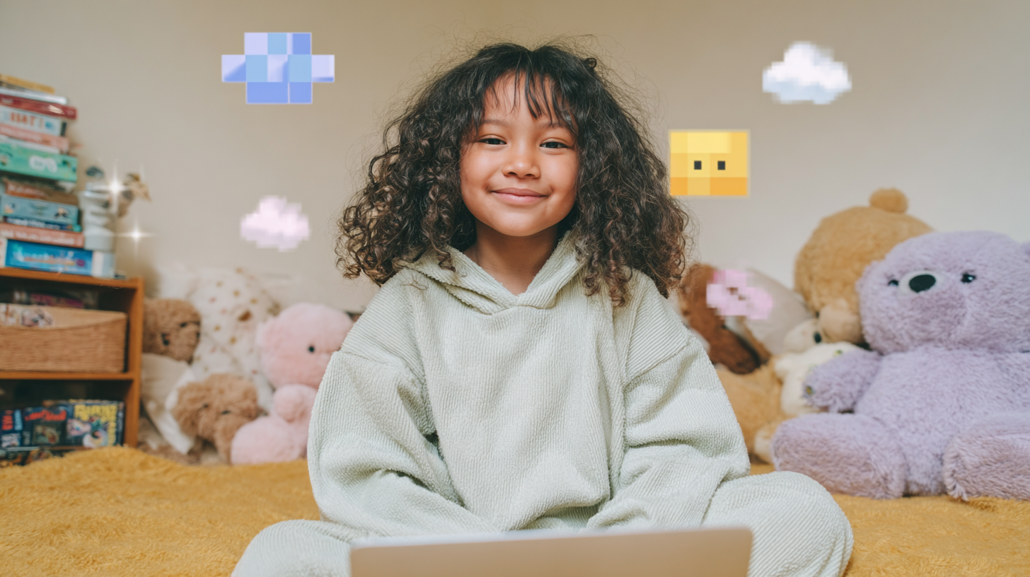 Personajes estilo pixel art dentro de un colorido universo creado en Roblox Studio.