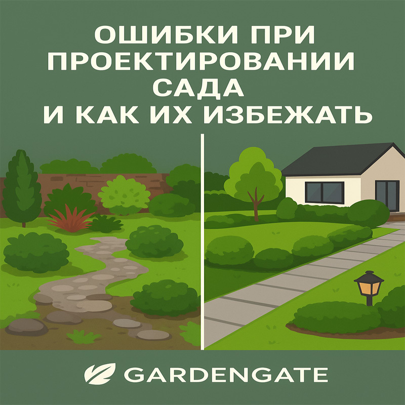 Иллюстрация «ошибки при проектировании сада»: слева хаотичный участок с неровной дорожкой и случайными посадками, справа — ухоженный сад с ровной дорожкой, декоративными кустами и подсветкой.