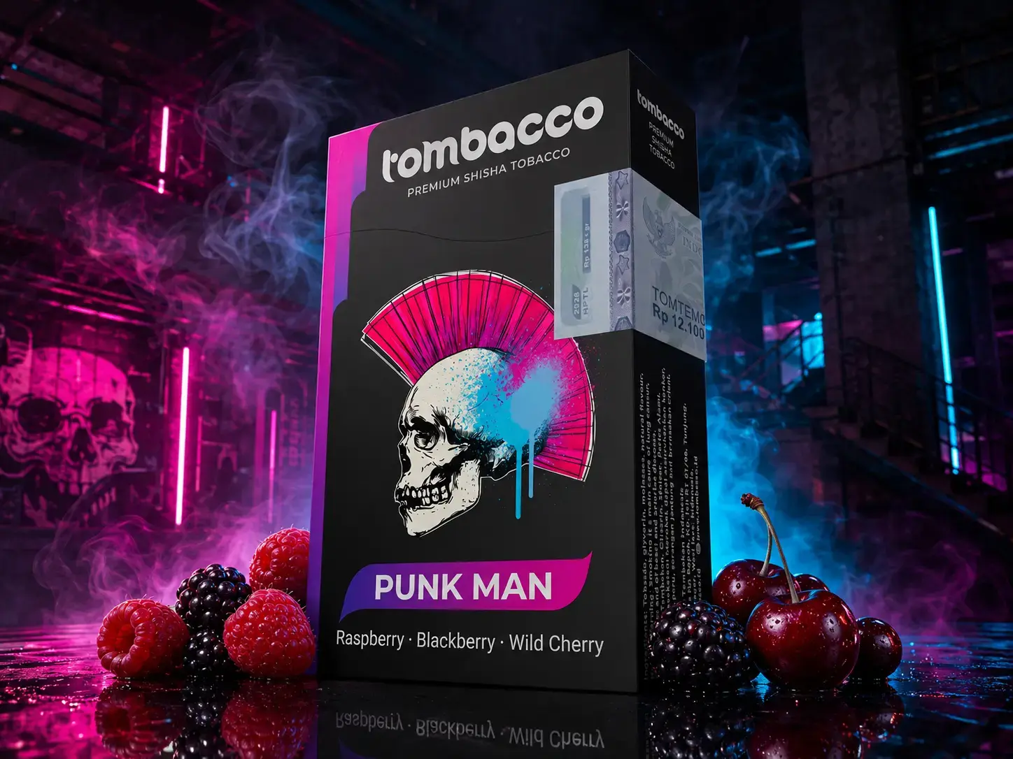 A box of Tombacco Punk Man featuring a neon punk skull, surrounded by fresh raspberries, blackberries, and wild cherries as a bold Adalya Alternatives Bali choice.