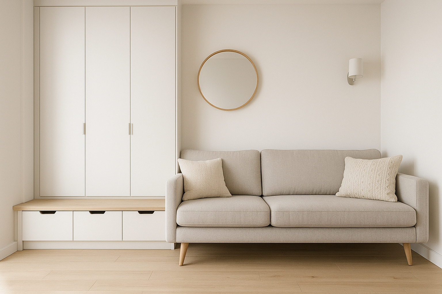 Встроенное хранение до потолка, скамья с ящиками и лёгкий диван на ножках в маленькой квартире