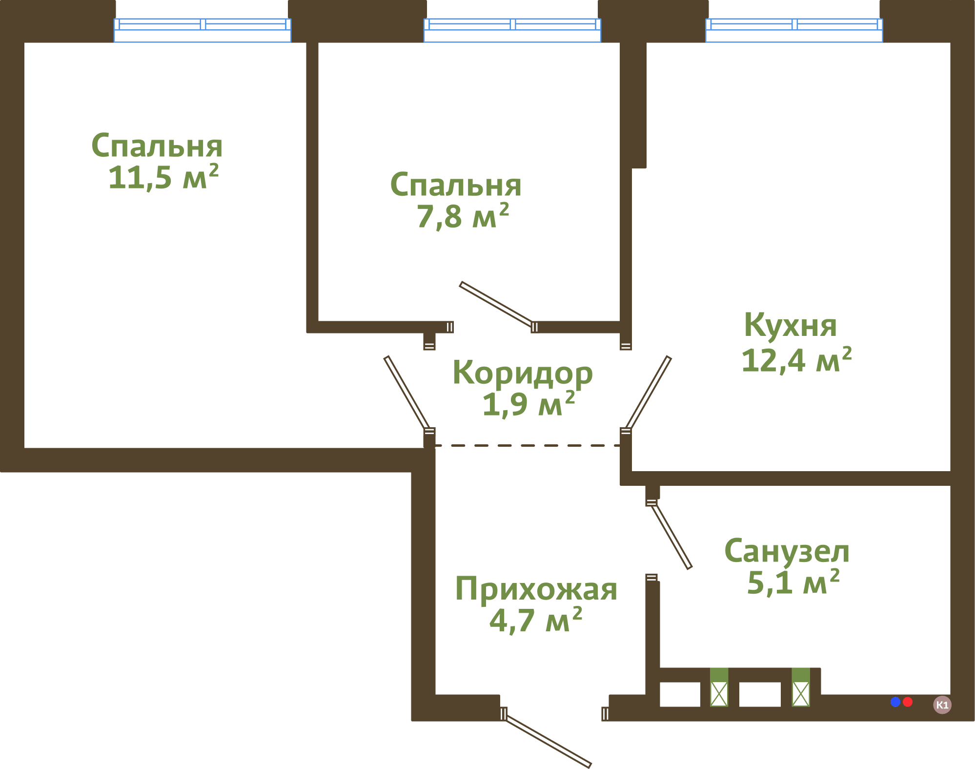 Планировка 2-комнатной квартиры 43,40 м²