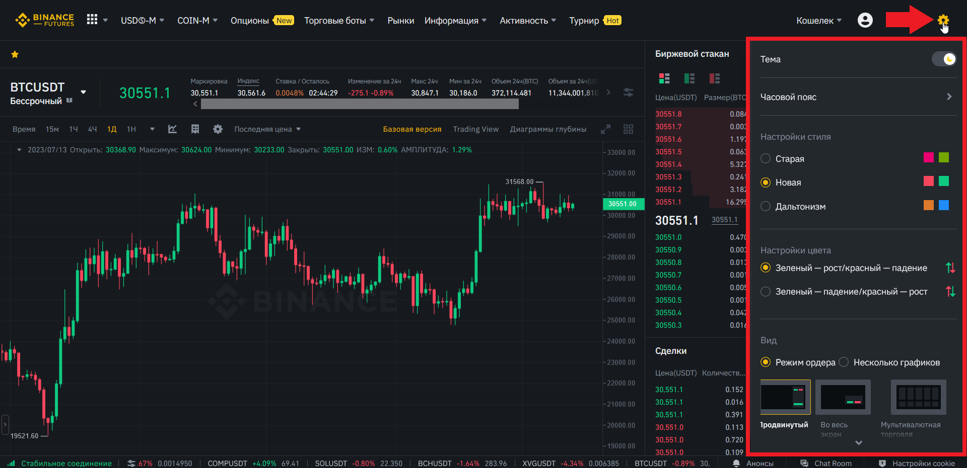 Как настроить торговое окно, Binance Futures
