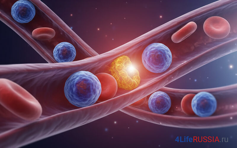 4Life Transfer Factor — иллюстрация сосудов и холестерина в кровотоке, тема баланса ЛПНП и ЛПВП, мягкая поддержка сердечно-сосудистой системы