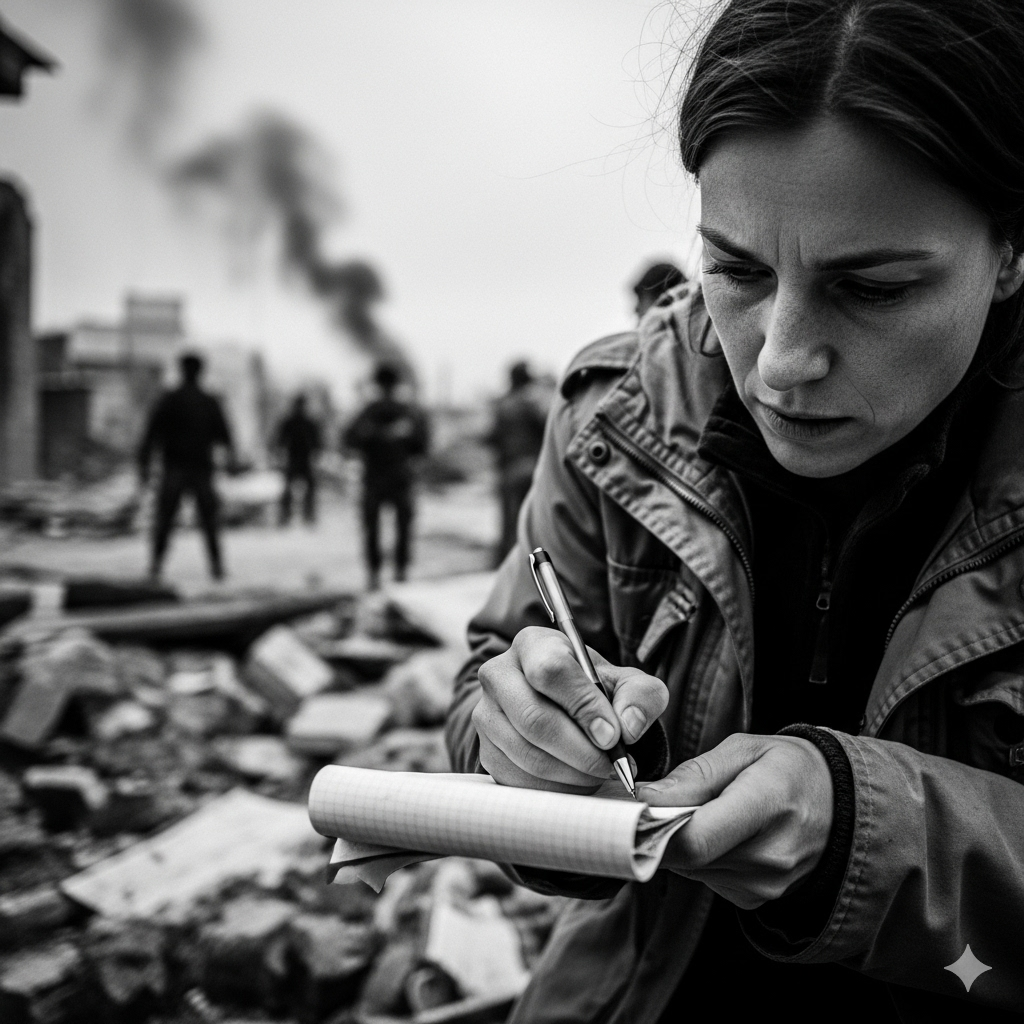 Журналистка делает записи в блокноте на фоне разрушенного города и дыма, символизируя работу в горячих точках и опасность профессии.