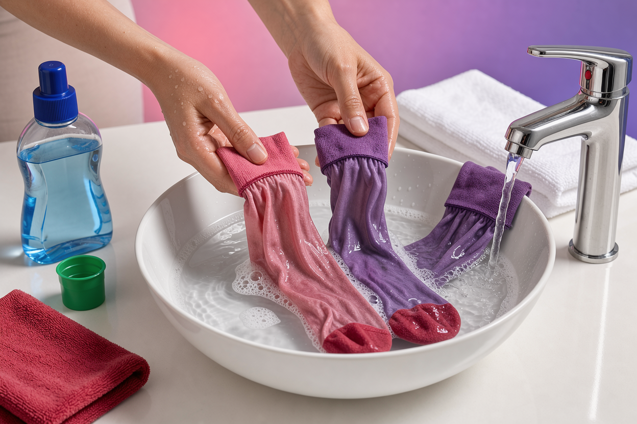 Gentle hand-washing scene: stockings soaked in a bowl with mild detergent, gentle rubbing at reinforced toes and cuffs, rinsing under clear water
