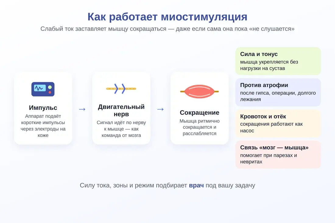 Схема: как работает миостимуляция — импульс, двигательный нерв, сокращение мышцы