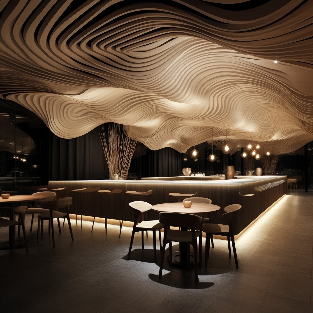 Дизайн интерьера бара, ресторана или кафе резным деревом