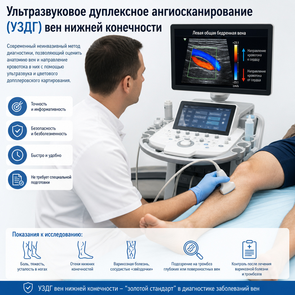 Флеболог на приёме проводит ультразвуковое дуплексное ангиосканирование (УЗДГ) вен нижней конечности пациента