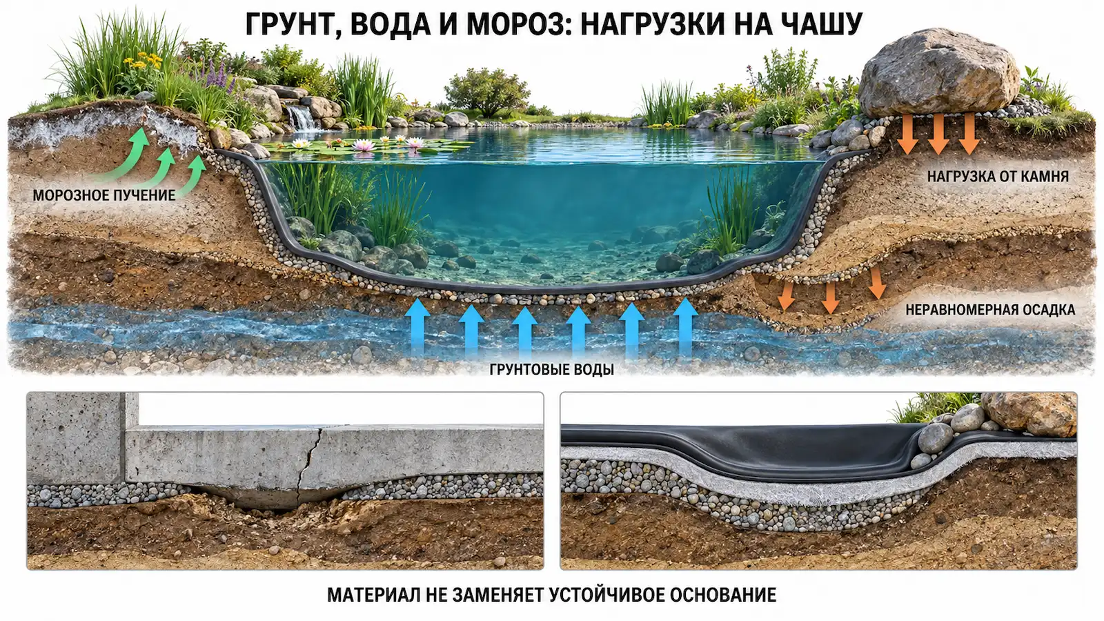 Схема нагрузок грунта, воды и мороза на чашу пруда