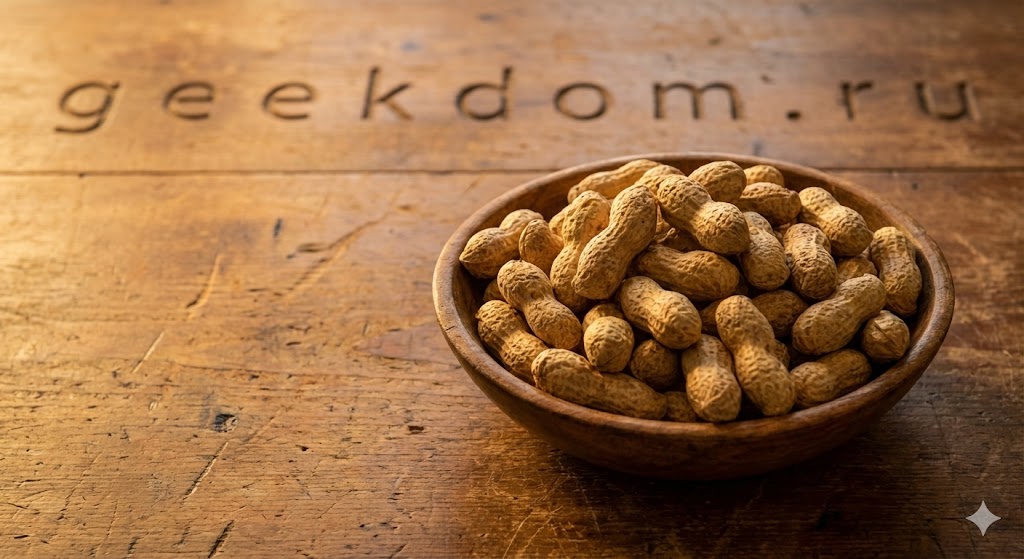 Деревянная миска с жареным неочищенным арахисом на залитом утренним светом фермерском столе.