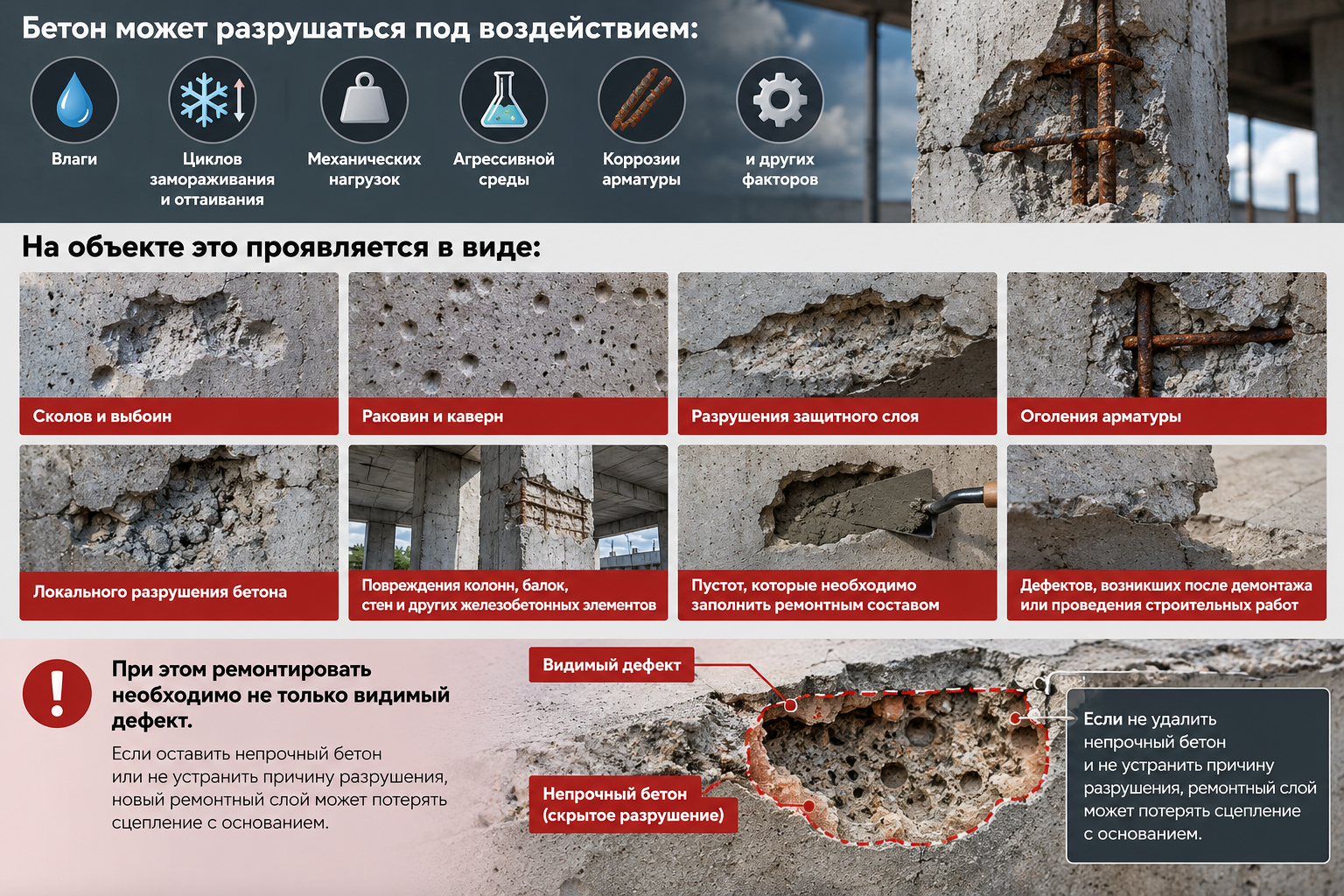 Разрушение бетона из-за следующих воздействий с фото