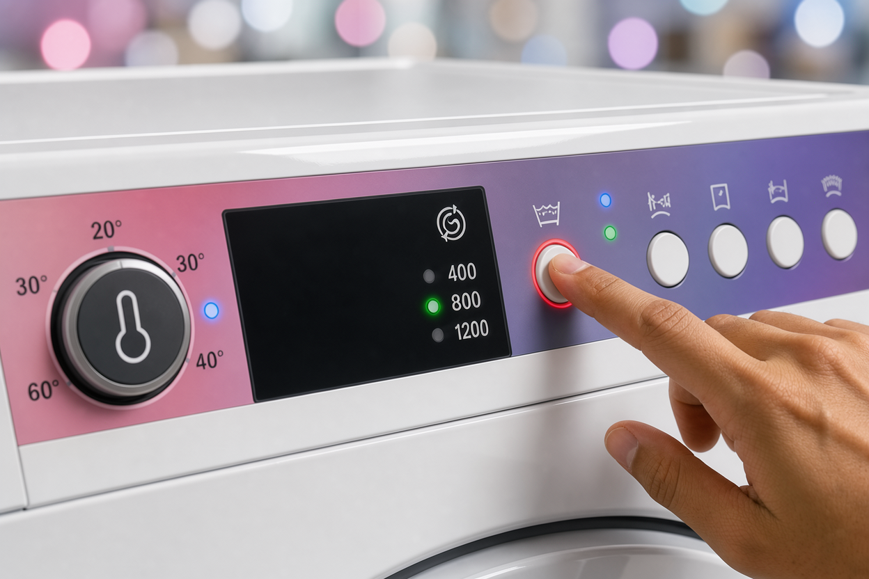 close-up of washing machine control panel showing temperature and spin speed icons, a hand pressing a program button, no brand names visible