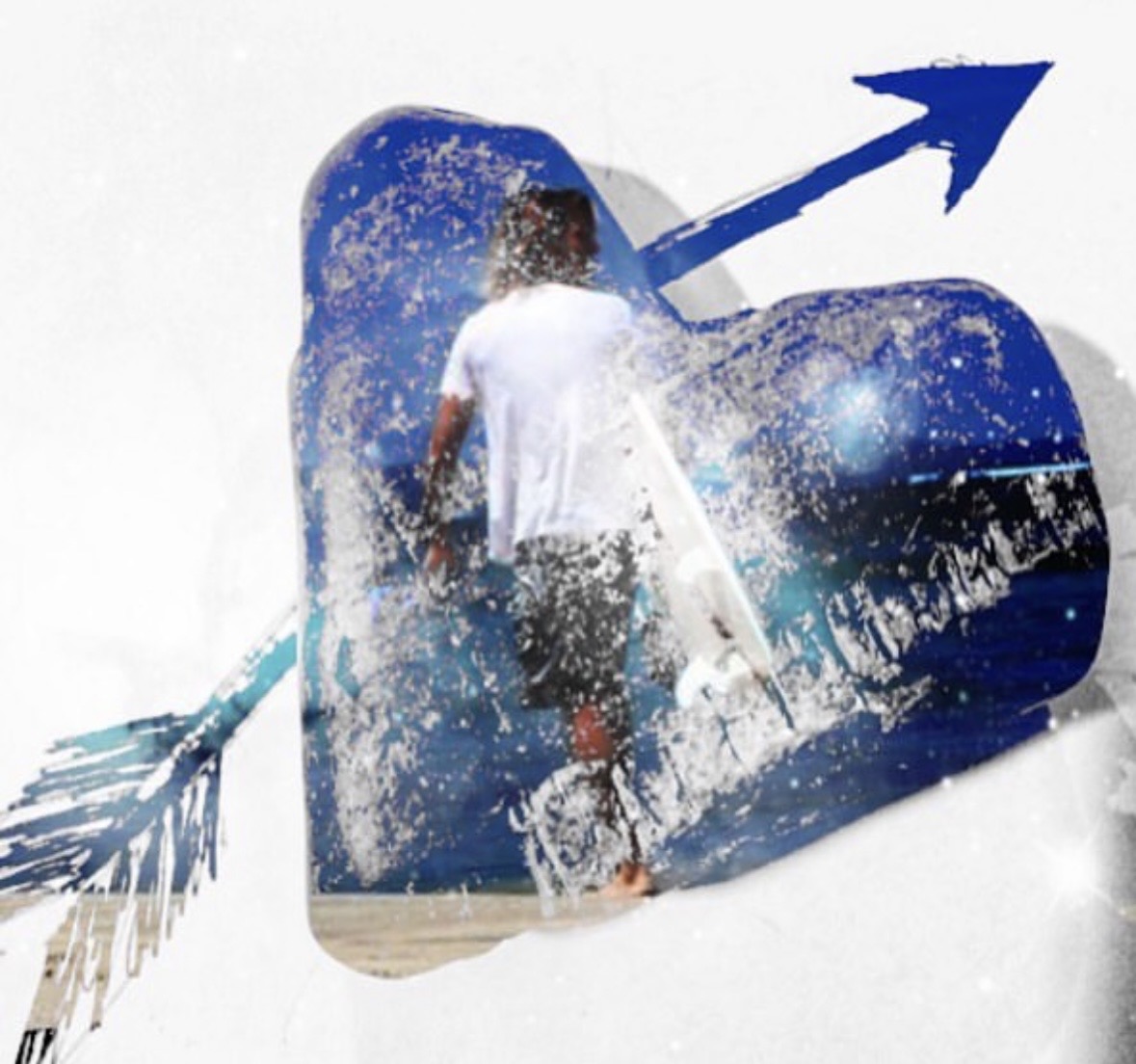 Pierced by Blue — a heart-shaped collage with a surfer and blue splashes