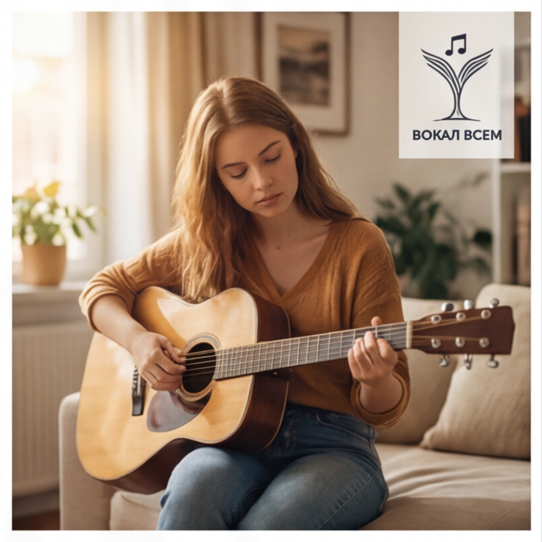 Девушка на уроке гитары в школе музыки Вокал Всем