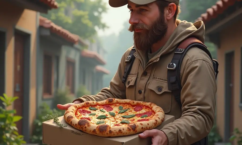 Фото курьера доставившего пиццу за городом