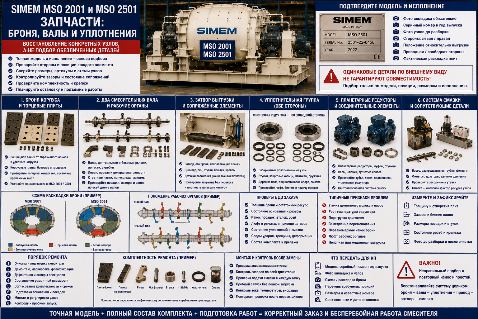 Запчасти SIMEM MSO 2001 и MSO 2501: броня, валы и уплотнения