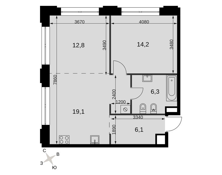 Планировка: 2-комнатная квартира 58,5 м² в ЖК «Сидней Прайм», корпус 3.1, 5-й этаж