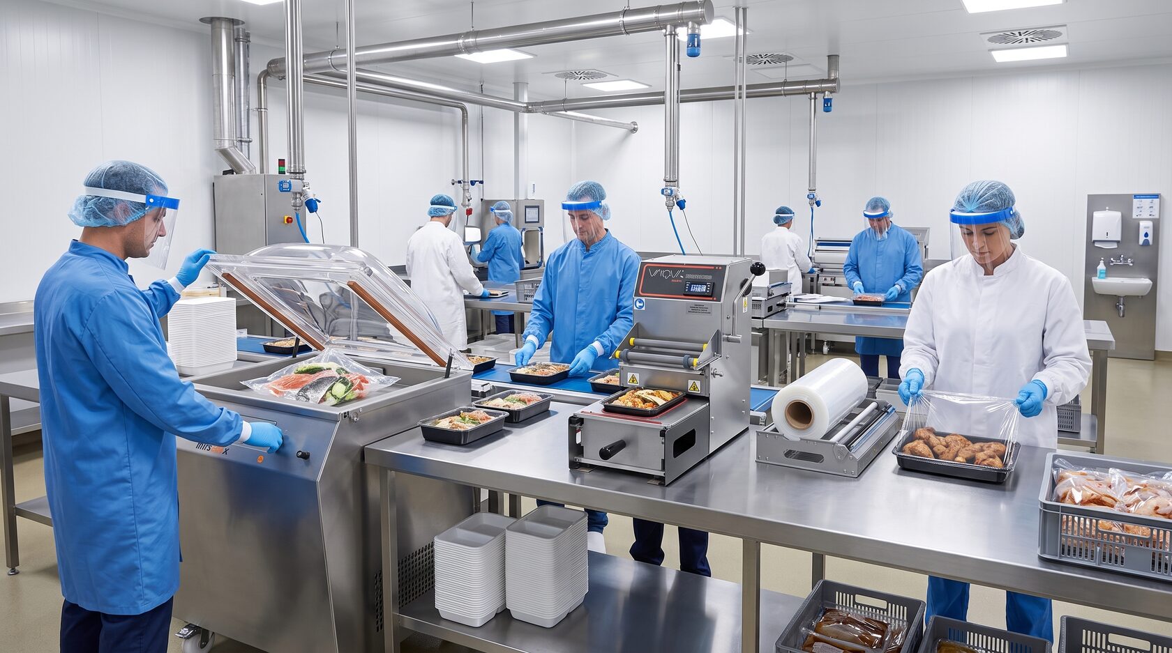 Вакуумная упаковка запайка лотков и упаковка продуктов стрейч-пленкой