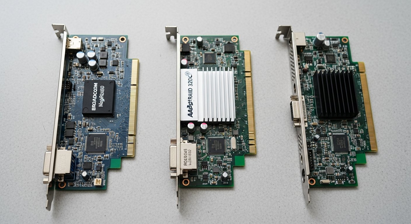 Три RAID-контроллера разных производителей рядом: Broadcom MegaRAID 9560, Adaptec SmartRAID 3200, в компактном серверном форм-факторе.