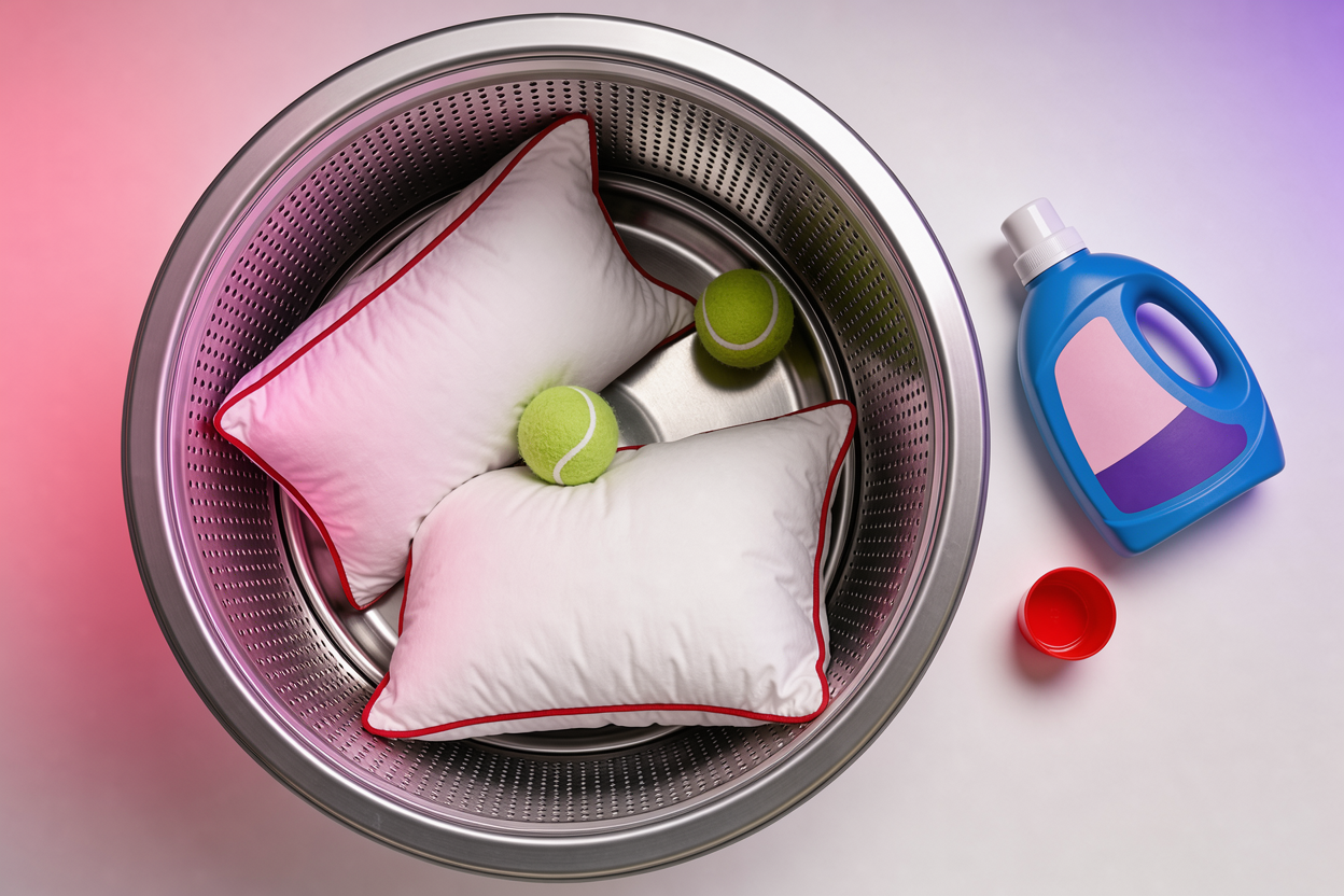 washing machine drum with two pillows and two laundry tennis balls, detergent bottle nearby, top view