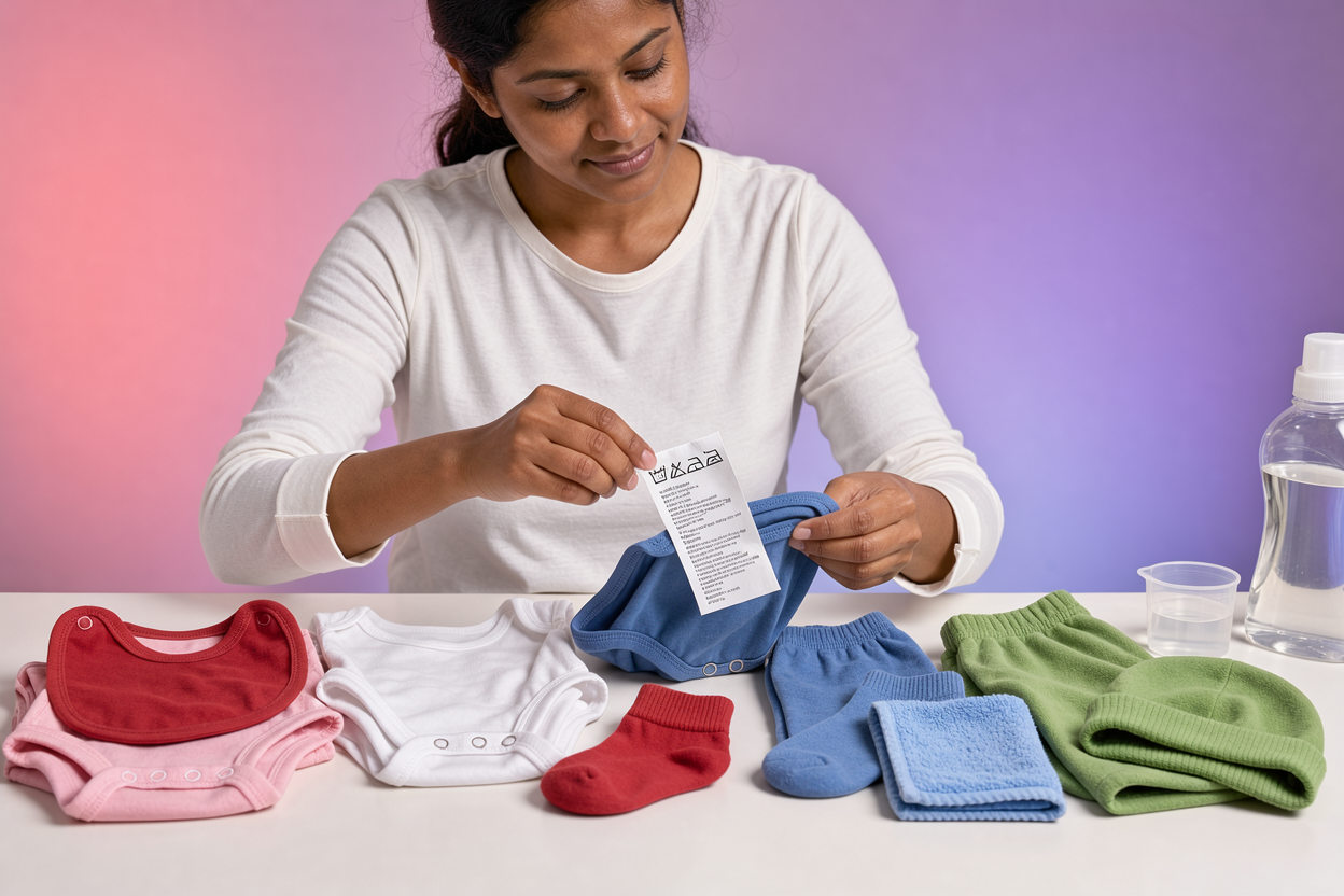 A parent checking clothing care labels and sorting baby clothes into piles by color and fabric, with a bottle of mild detergent out of frame