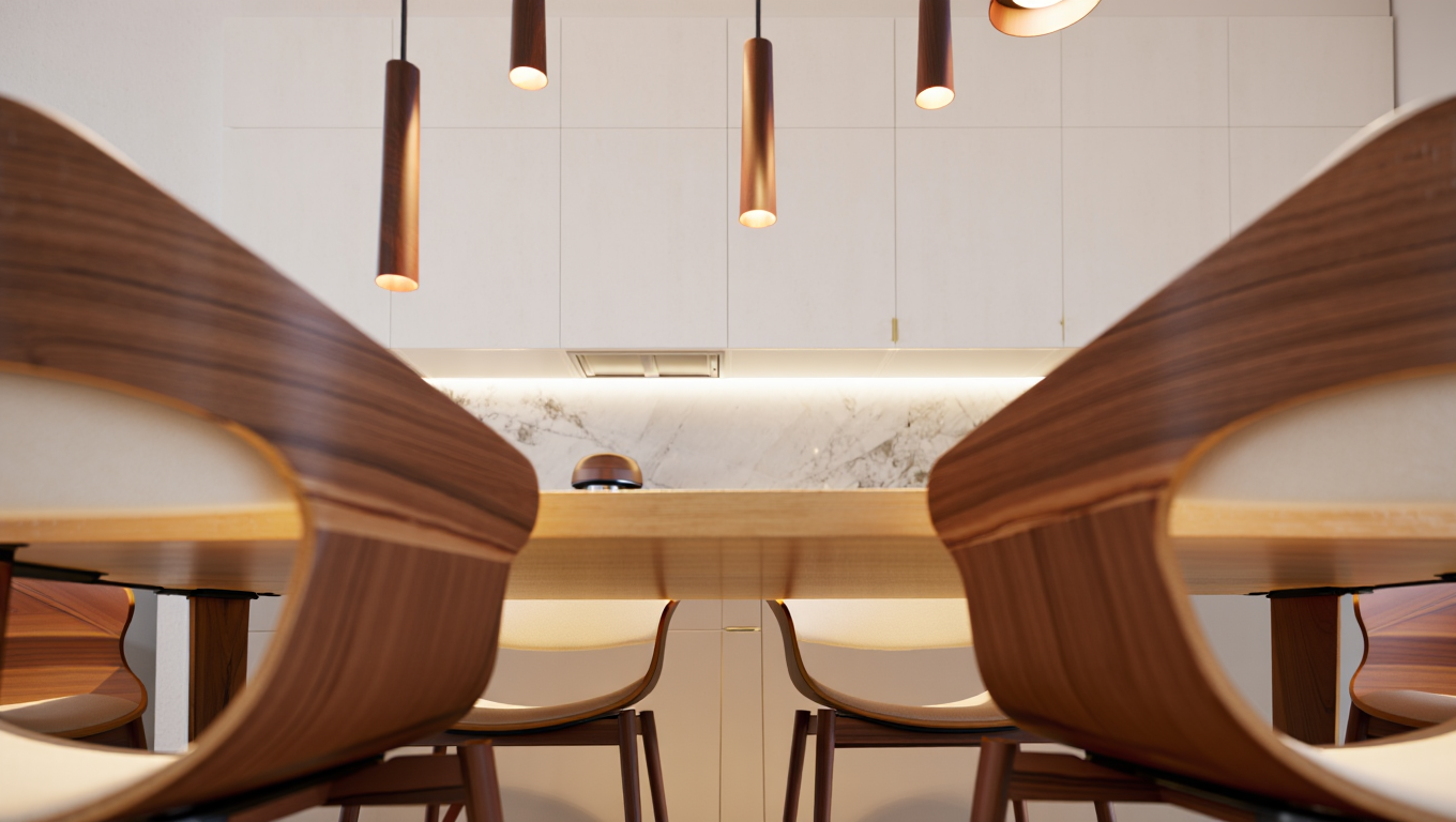 Современная кухня в стиле минимализм с белыми фасадами без ручек, мраморным фартуком и дизайнерскими деревянными стульями за обеденным столом.