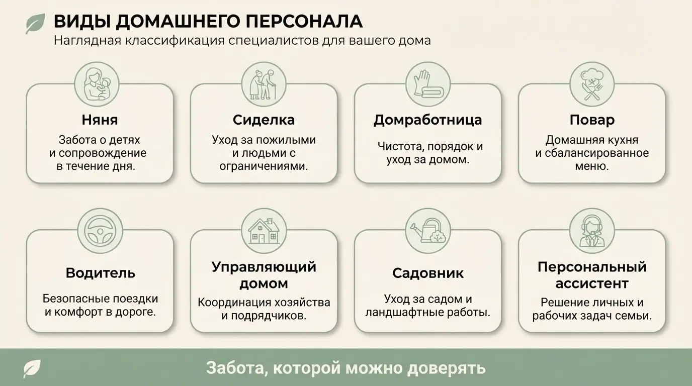 инфографика — схема видов домашнего персонала с иконками: няня, сиделка, домработница, повар, водитель, управляющий домом, садовник, наглядная классификация