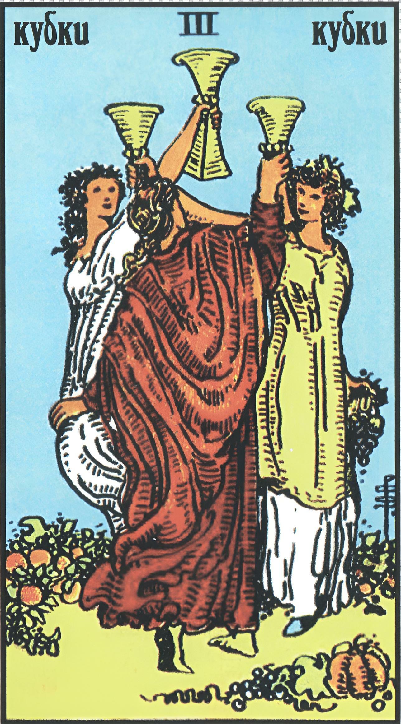 Тройка чаш таро уэйта. Карта таро тройка кубков. Таро уэйта карта тройка кубков. Тройка кобковтаро уэйта. Кубки 3 на отношения таро.